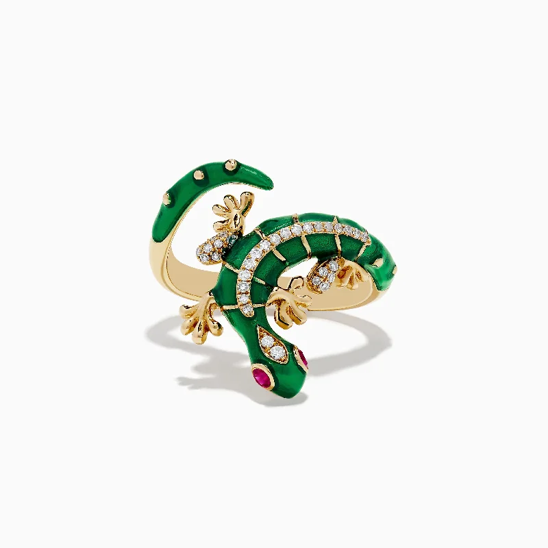 Birthstone rings for men-Safari 14K Yellow Gold Ruby and Diamond Lizard Ring