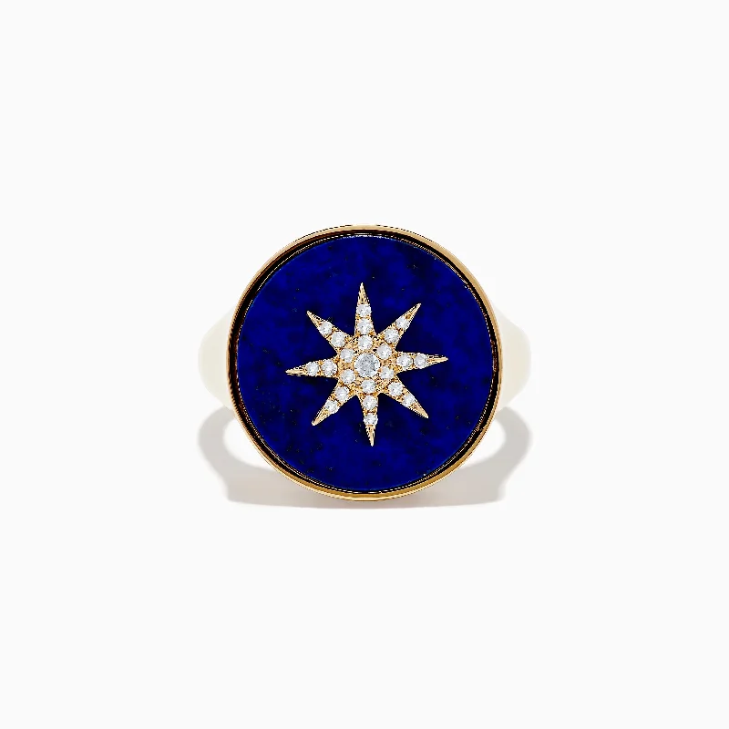 Silver engagement rings-14K Yellow Gold Lapis and Diamond Compass Ring