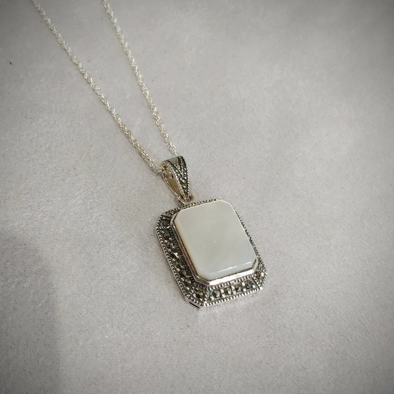 Custom Cut Pendant Necklaces -Mother of Pearl Bridal Queen Solitaire Pendant Necklace Silver Marcasite