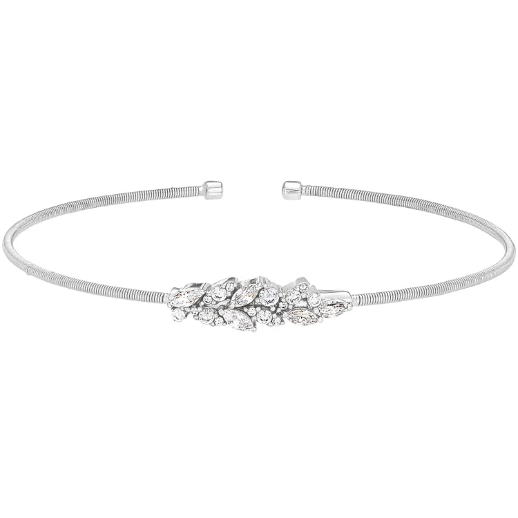 Adjustable Gold Bracelets For Women-Rhodium Finish Sterling Silver Cable Cuff Bracelet with Simulated Diamond Leaf Pattern