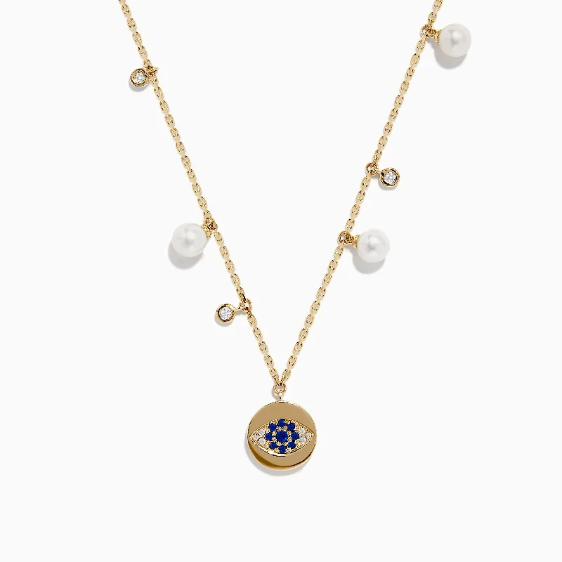 Adjustable Pendant Chains -14K Gold Fresh Water Pearl, Sapphire and Diamond Evil Eye Necklace