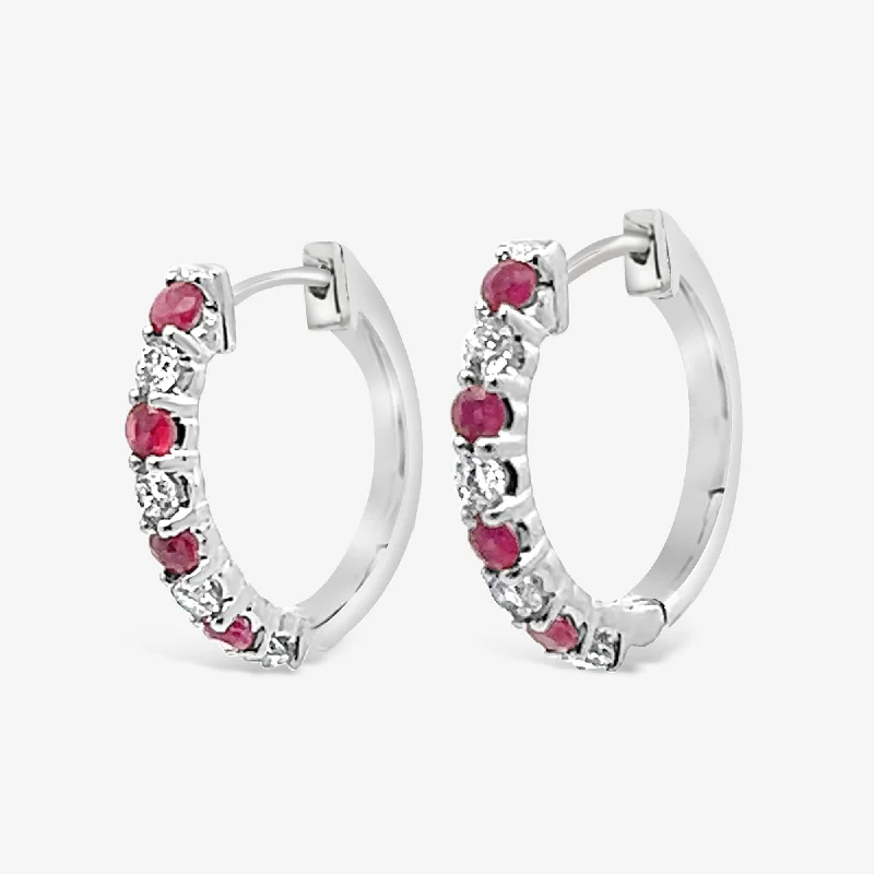 Pearl Earrings For Bridesmaids-Alternating Ruby & Diamond Hoop Earrings