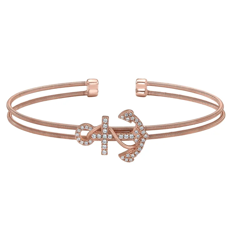 Stackable Gold Bracelets For Women-Rose Gold Finish Sterling Silver Two Cable Anchor Cuff Bracelet Bracelet with Simulated Diamonds