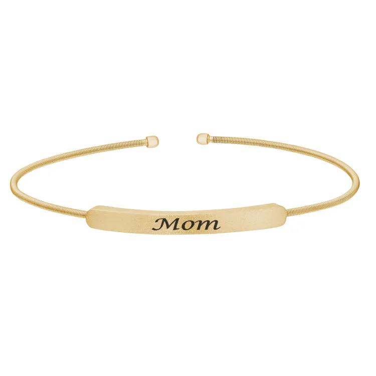 Simple Cuff Bracelets For Women-Gold Finish Sterling Silver Cable Cuff Bracelet With Name Plate - MOM