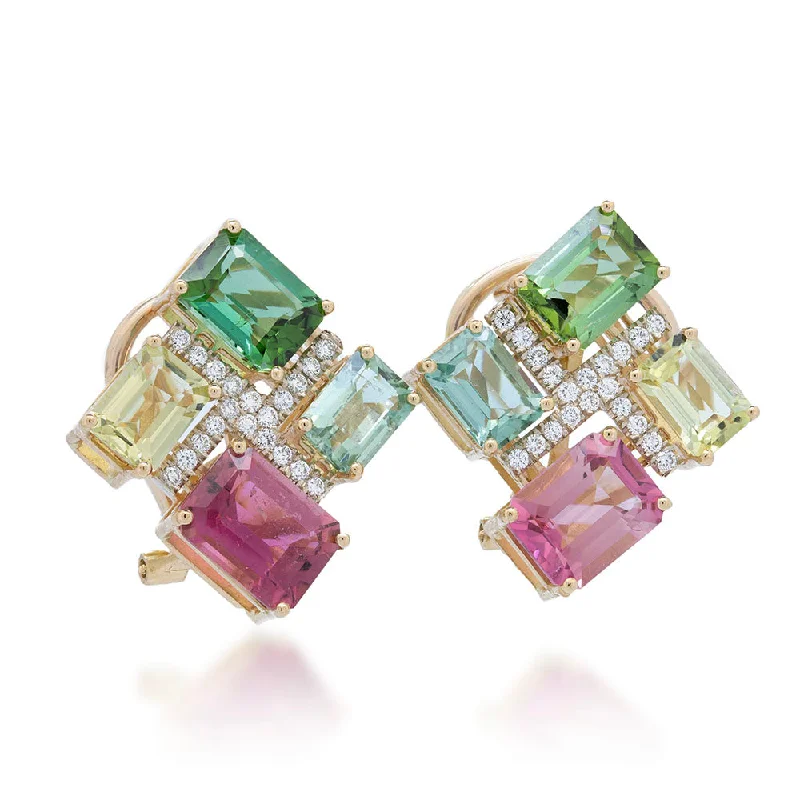 Unique Gold Earrings Set-Multi Colored Emerald Cut Tourmaline Earring with Diamonds