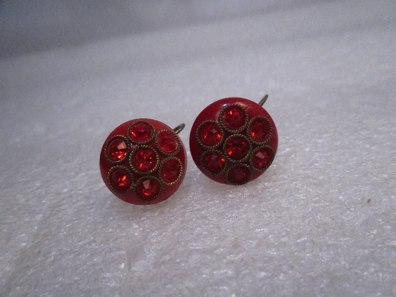 Custom Hoop Earrings For Wedding-Vintage Red Rhinestone Screw Back Earrings, 1940's, Domed 5/8"