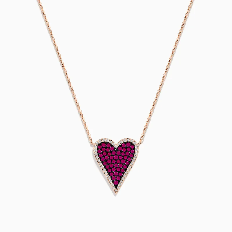 Precious Stone Necklaces -Ruby Royale 14K Rose Gold Pave Ruby Heart Pendant Necklace