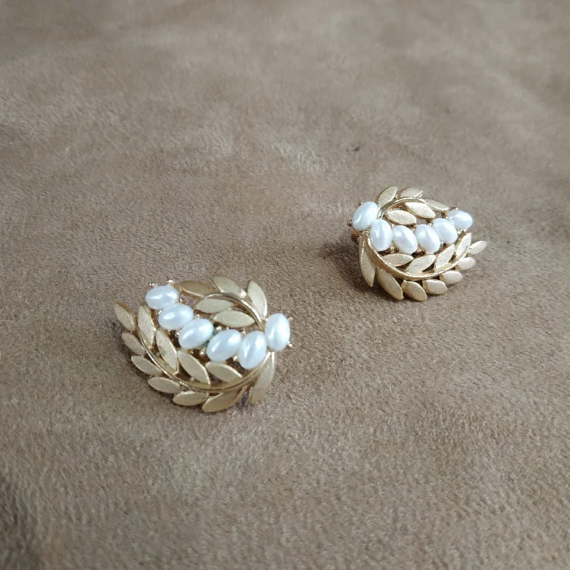 Gold Earrings-Trifari Pearl Leafy Flower Pearl And Gold Vintage Clip On Earrings