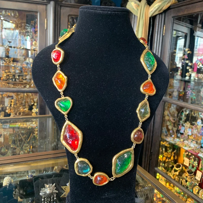 Religious Necklaces -Yves Saint Laurent Large Statement Necklace red green orange Gripoix glass Rive Gauche