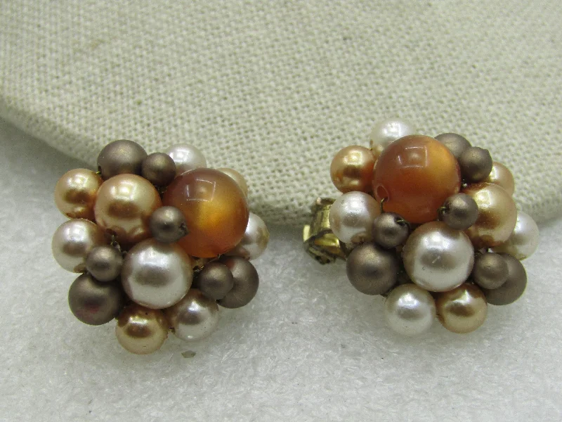 Earrings For Girls-Vintage Japan Beaded Clip Earrings, Tan/Amber/Cream, Mid-Century, 7/8"