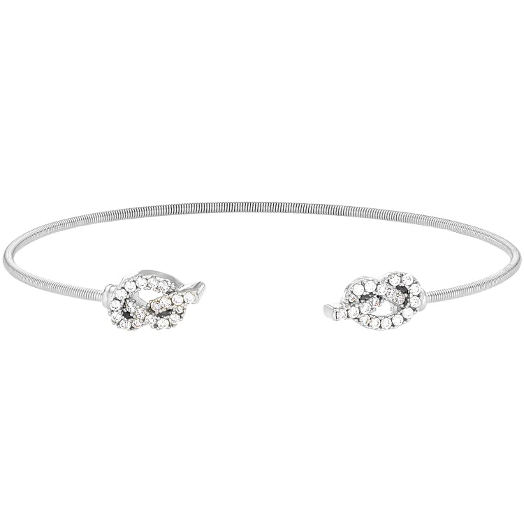 Casual Silver Bracelets For Women-Rhodium Finish Sterling Silver Cable Cuff Bracelet with Simulated Diamond Knots