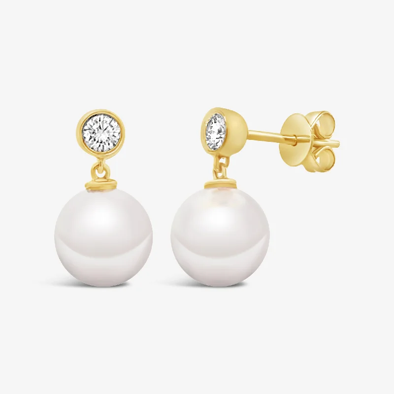 Party Earrings With Diamonds-Bezel Diamond and Pearl Drop Earrings