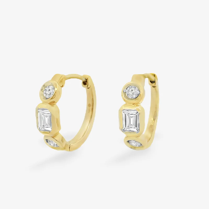 Gold Earrings For Men-Bezel Set Emerald Cut & Round Huggie Earrings