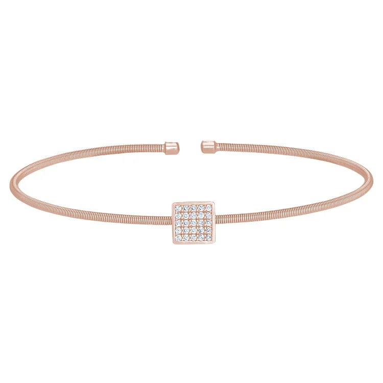 Adjustable Bracelets For Special Occasions-Rose Gold Finish Sterling Silver Cable Cuff Square Bracelet with Simulated Diamonds