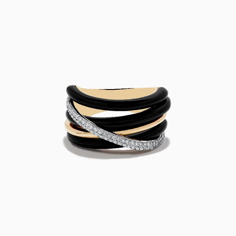 Affordable diamond wedding bands-Eclipse 14K Yellow Gold Onyx and Diamond Crossover Ring