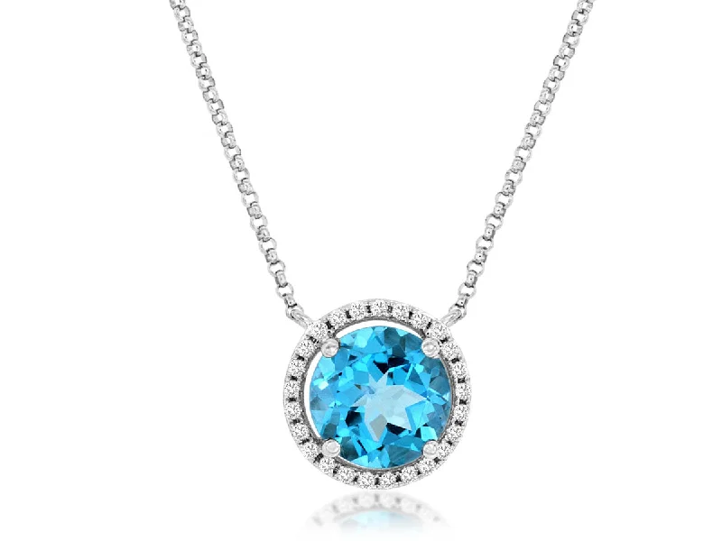 Couples Birthstone Necklaces -White Gold Round Blue Topaz and Diamond Halo Pendant Necklace