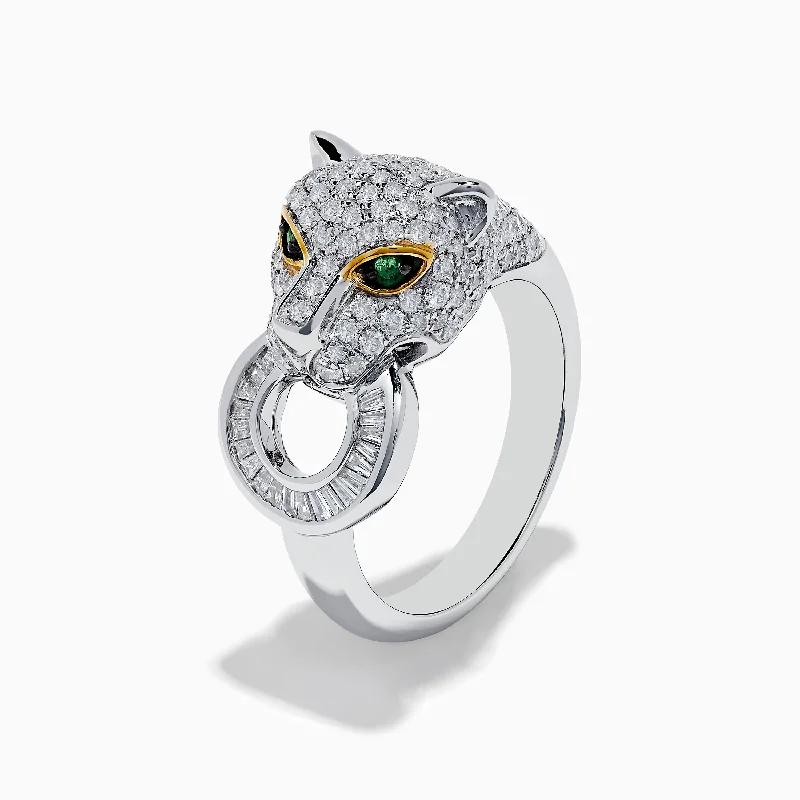 Affordable rings for women-14k Signature White Gold Diamond & Emerald Panther Ring