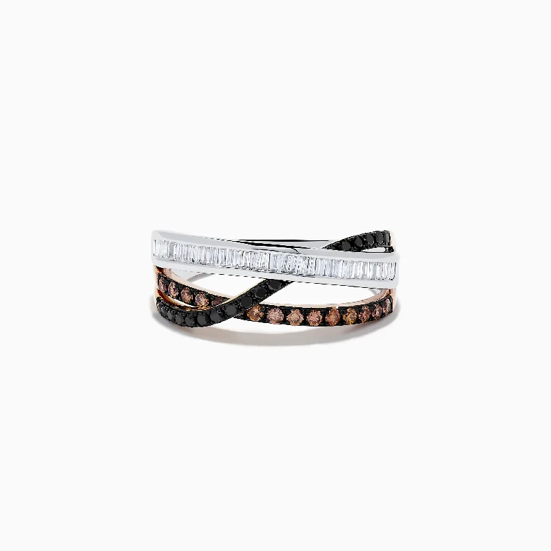 Wedding bands with diamonds-14K Three-Tone Gold Brown, Black and White Diamond Crossover Ring 0.63 TCW