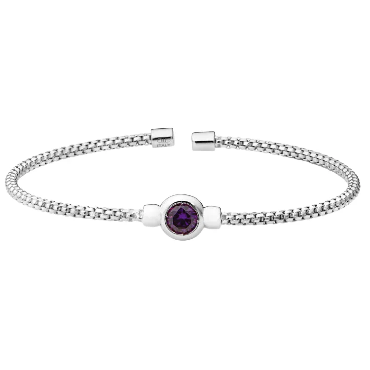 Bracelet With Personalized Charms-Rhodium Finish Sterling Silver Rounded Box Link Cuff Bracelet with Bezel Set Simulated Amethyst Birth Gem