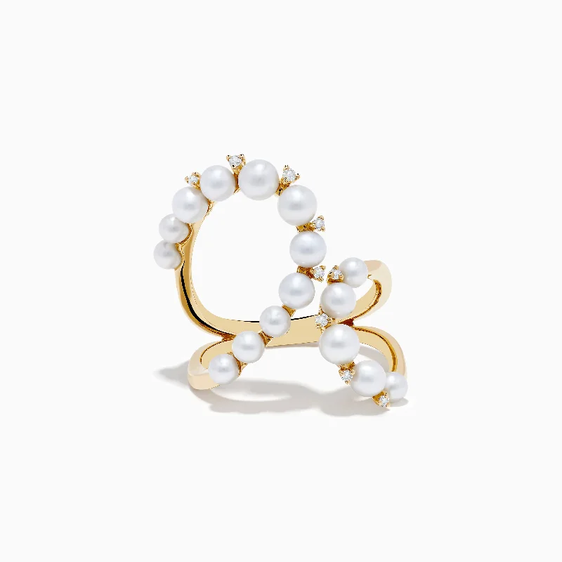 Simple rings-14K Yellow Gold Fresh Water Pearl and Diamond Open Loop Shank Ring