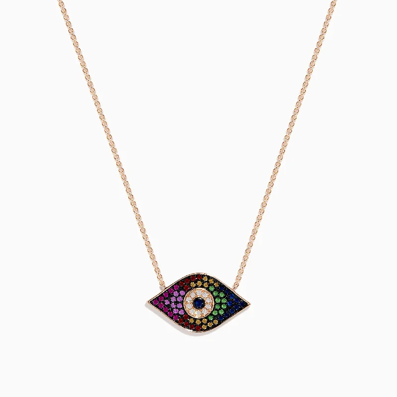 Trendy Necklaces -Novelty 14K Rose Gold Multi Sapphire & Diamond Evil Eye Necklace