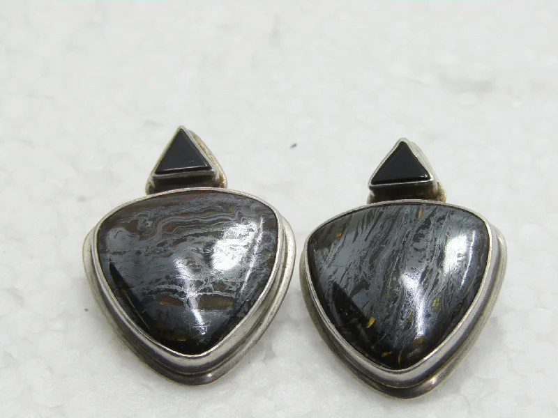 Geometric Earrings For Women-Sterling Southwestern Tiger Iron Earrings, Onyx,  Pierced, 16.50gr., 1.25", Triangular