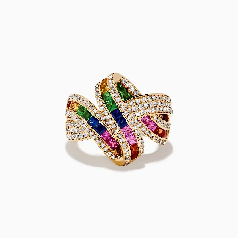 Fashionable rings for weddings-Watercolor 14k Yellow Gold Multi Sapphire and Diamond Ribbon Ring