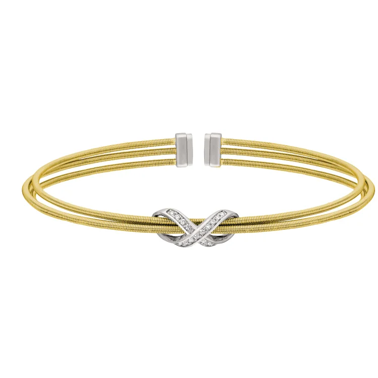 Elegant Silver Bracelets For Women-Gold Finish Sterling Silver Three Cable Cuff Bracelet with Rhodium Finish Simulated Diamond Infinity