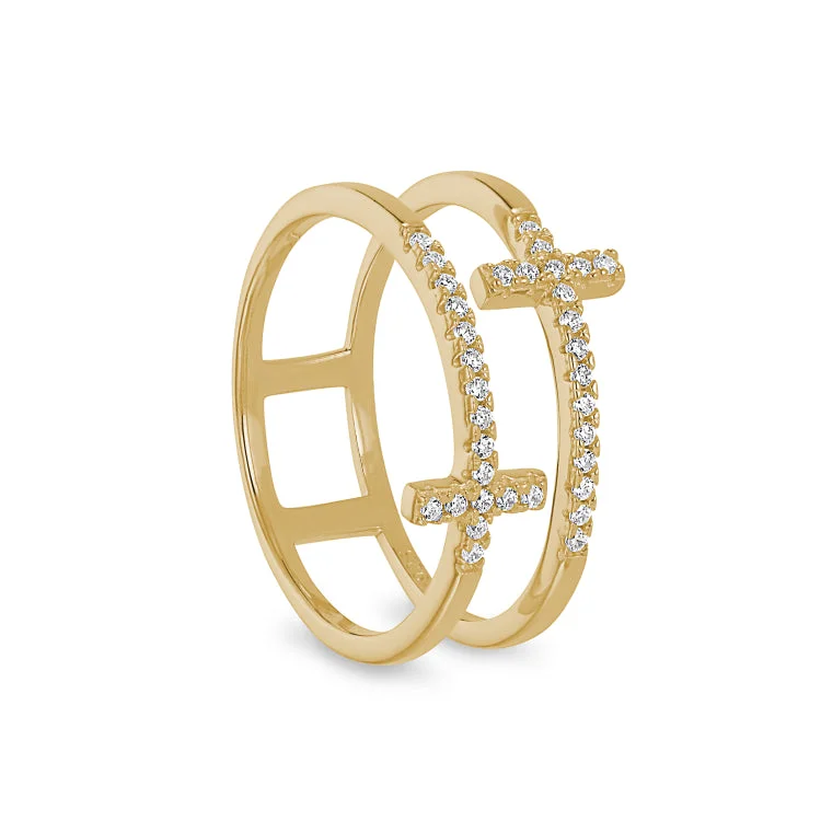 Customizable titanium rings-Gold Finish Sterling Silver Micropave Double Cross Ring with Simulated Diamonds