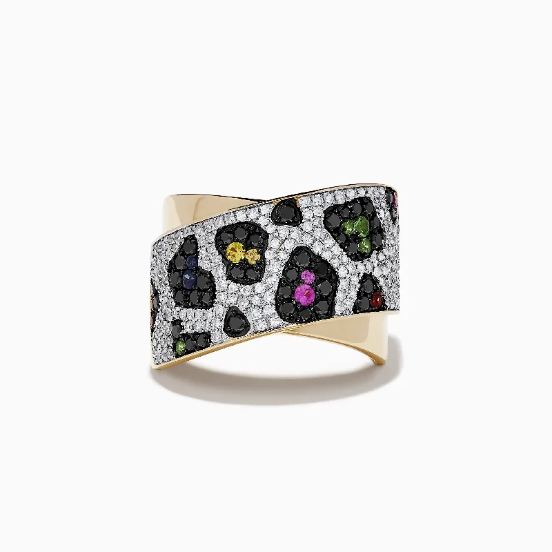 Fashionable gold rings for women-Signature 14K Yellow Gold Multi Sapphire, Black and White Diamond Ring