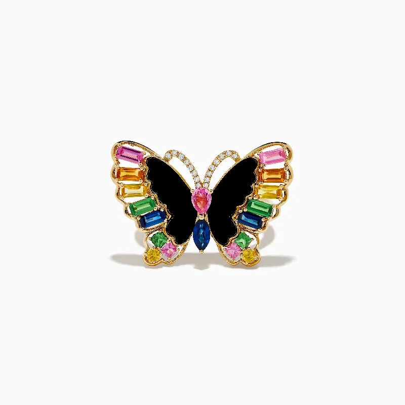 Promise rings for her-Nature 14K Yellow Gold Multi Sapphire Agate and Diamond Butterfly Ring