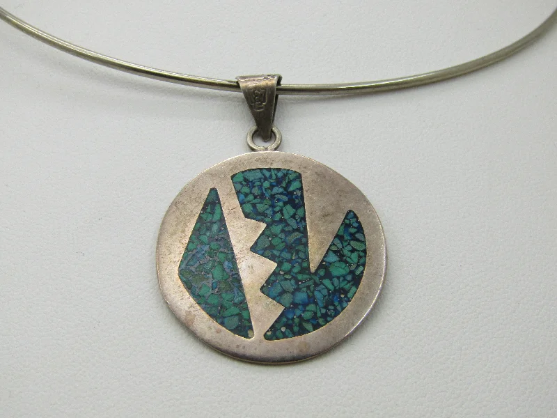 Modern Gemstone Necklaces -Vintage Taxco Mexico Turquoise Chip Pendant on 15" Collar Necklace