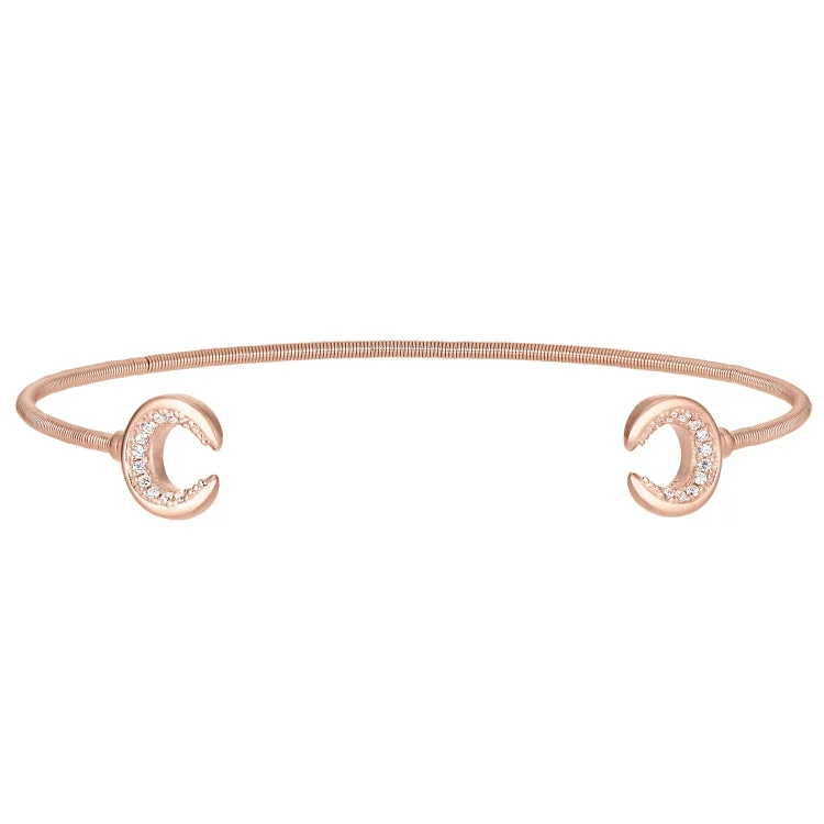 Custom Bracelets For Wedding Gifts-Rose Gold Finish Sterling Silver Cable Cuff Bracelet with Simulated Diamond Upside Down Crescent Moons