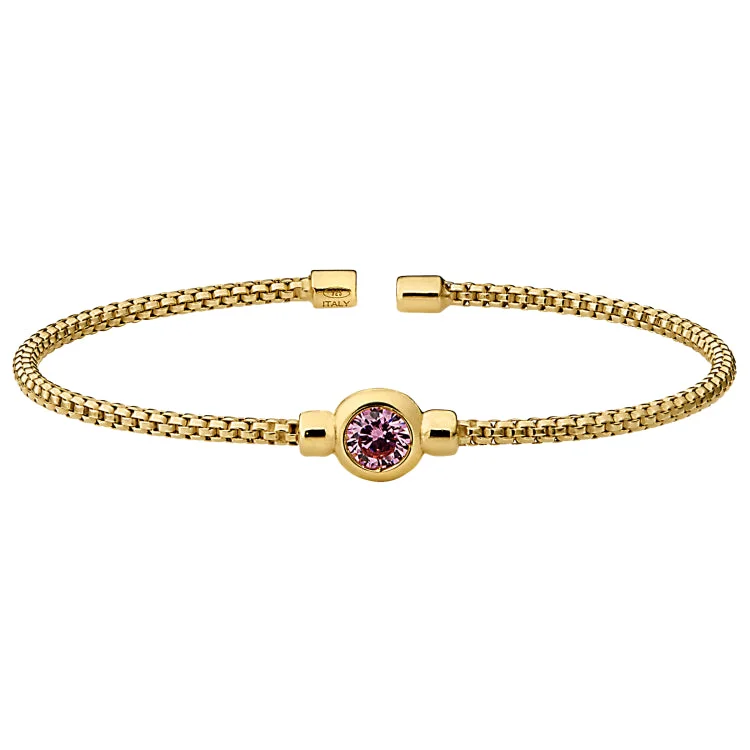 Stylish Bracelets For Men-Gold Finish Sterling Silver Rounded Box Link Cuff Bracelet with Bezel Set Simulated Pink Sapphire Birth Gem