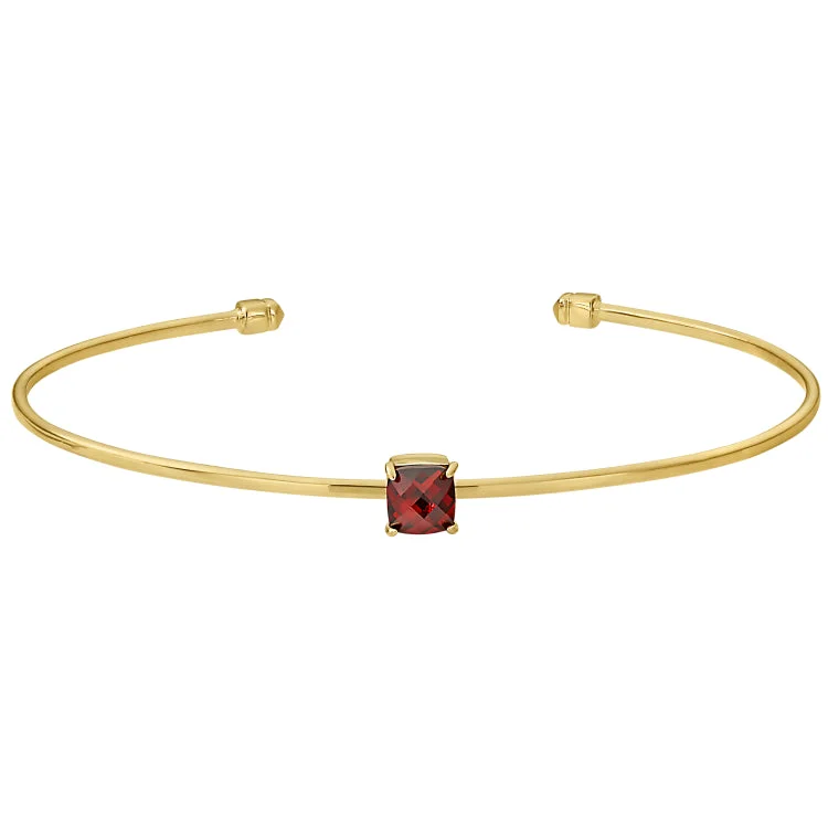 Simple Leather Bracelets For Women-Gold Finish Sterling Silver Pliable Cuff Bracelet with Faceted Cushion Cut Simulated Garnet Birth Gem - January