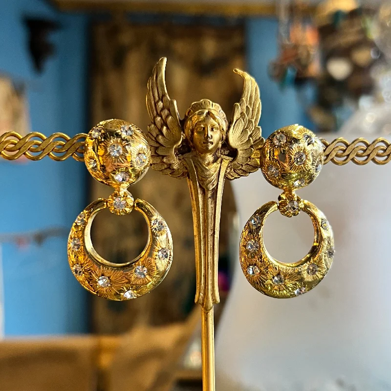 Designer Hoop Earrings For Brides-Vintage Gold Door Knocker Earrings Pierced Crystal Stones