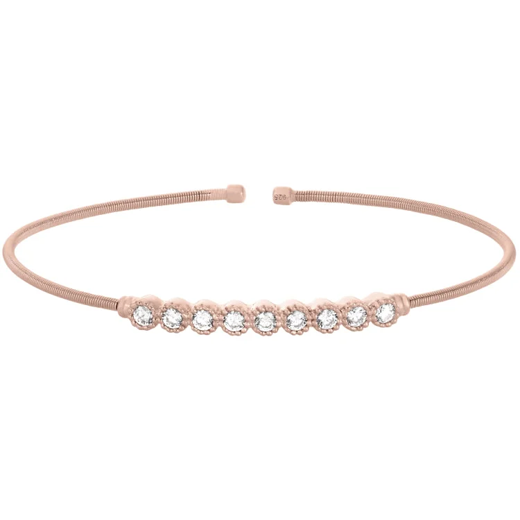 Elegant Rose Gold Bracelets-Rose Gold Finish Sterling Silver Cable Cuff Bracelet with Beaded Bezel Set Simulated Diamonds