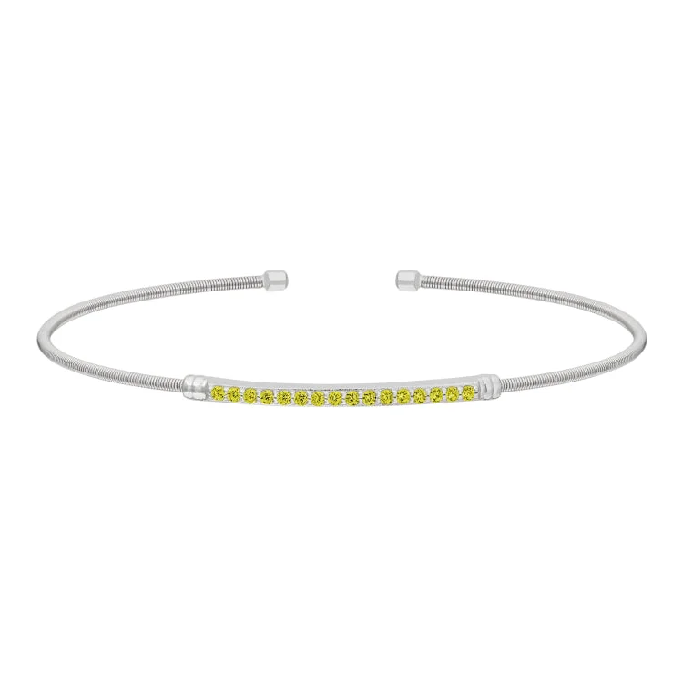 Stackable Silver Bracelets For Women-Rhodium Finish Sterling Silver Cable Cuff Bracelet with Simulated Peridot Birth Gems - August