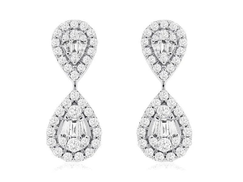 Designer Silver Earrings-14K White Gold Baguette and Round Diamond Halo Drop Fancy Earrings