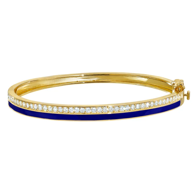 Tennis Bracelets With Diamonds-Gold Vermeil Sterling Silver Micropave Hinged Bangle Bracelet with with Navy Enamel and Simulated Diamonds