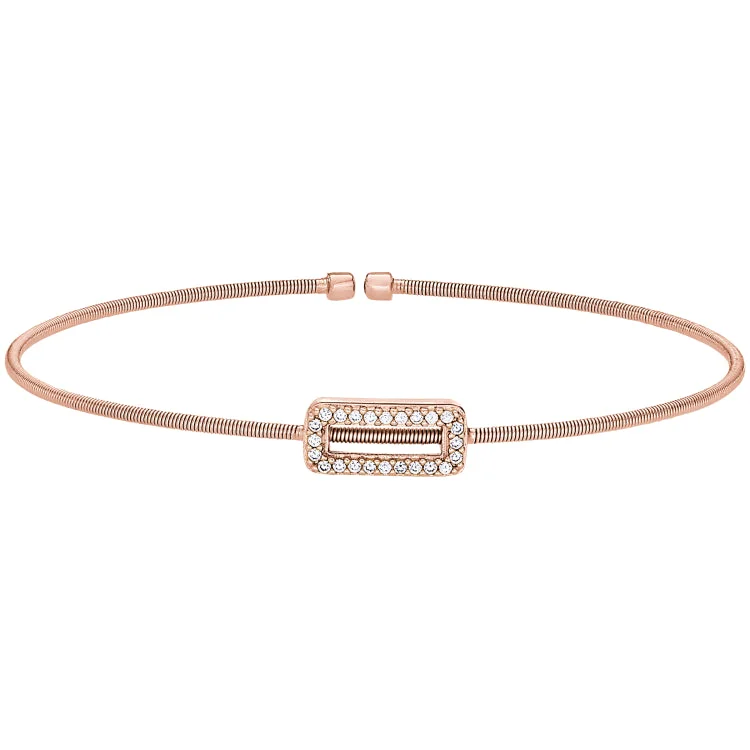 Tennis Bracelets For Everyday Wear-Rose Gold Finish Sterling Silver Cable Cuff Bracelet with Simulated Diamond Open Rectangle