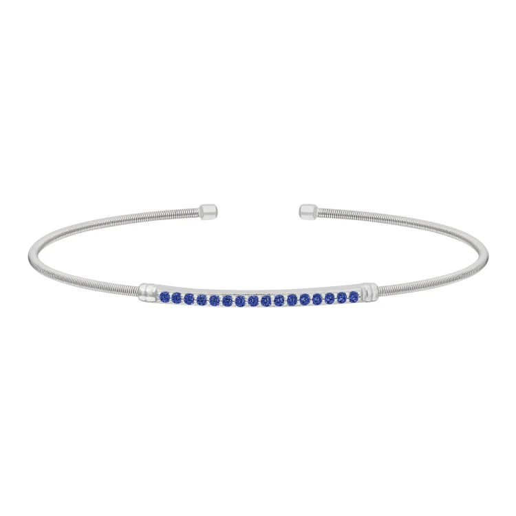 Adjustable Diamond Bracelets For Women-Rhodium Finish Sterling Silver Cable Cuff Bracelet with Simulated Blue Sapphire Birth Gems - September