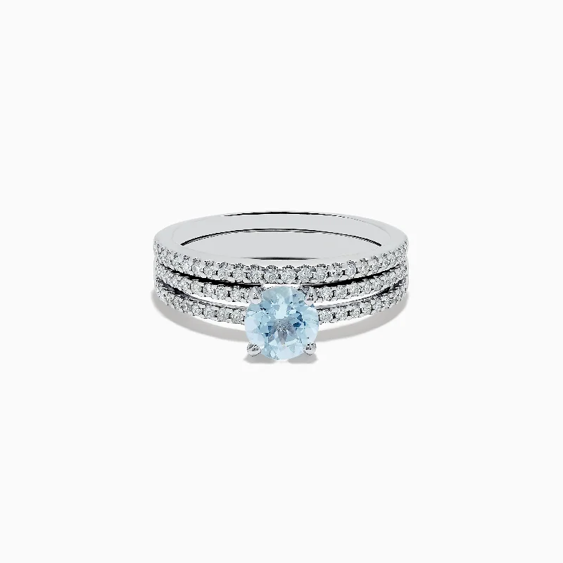 Fashionable custom rings-14K White Gold Aquamarine and Diamond Ring and Band Set