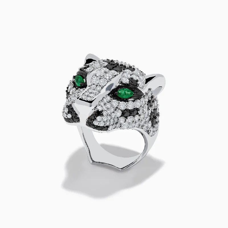 Custom wedding bands for men and women-Signature Panther Head 14K White Gold Diamond & Emerald Ring