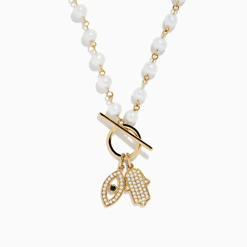 Birthstone Bar Necklaces -14K Yellow Gold Fresh Water Pearl and Diamond Evil Eye Necklace