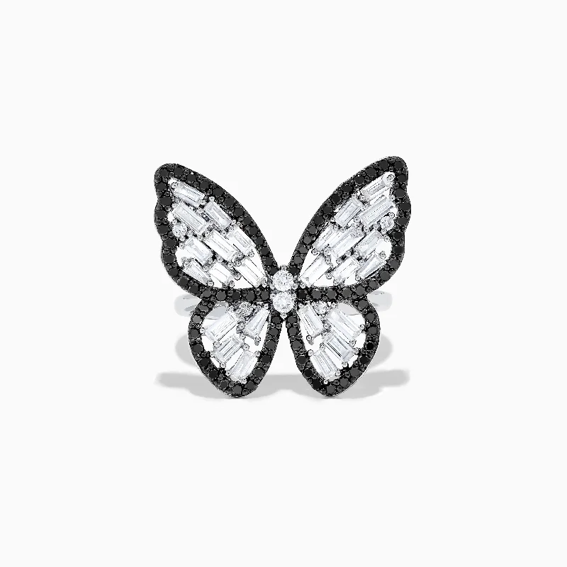 Rings with personalized inscriptions-Nature 14K White Gold Black and White Diamond Butterfly Ring