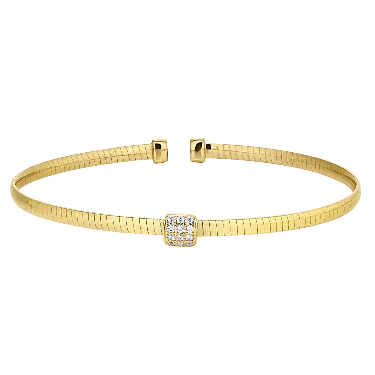 Simple Gold Bracelets For Women-Gold Finish Sterling Silver Omega Cable Cuff Bracelet with Central Square with Simulated Diamonds