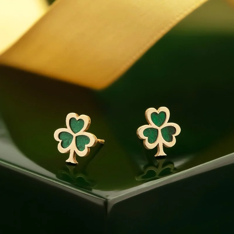 Multi-Colored Drop Earrings-10K Malachite Shamrock Earrings