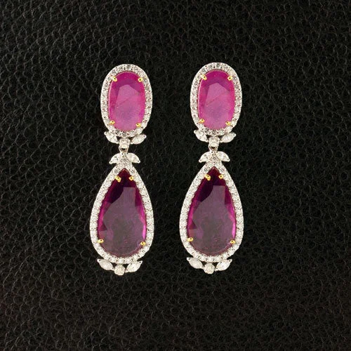 Geometric Earrings-Ruby & Diamond Dangle Earrings