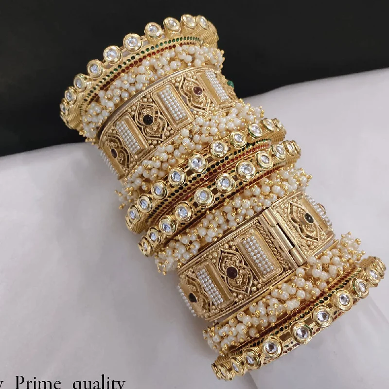 Contemporary Bangles For Women-Akruti Collection Gold Plated Pota Stone And Pearl Openable Bangle Set